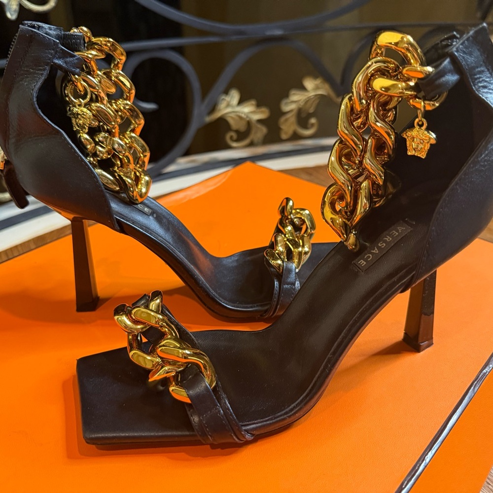 Versace Black Heels with Gold Chain Accents - Picture 4 of 5
